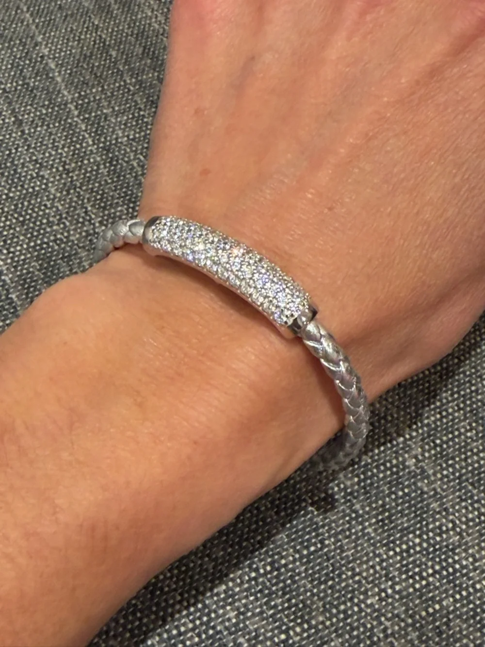 Milor Italy Silver Pavé Curved Bar Braided Leather Bracelet NWT SPARKLING ✨ 💎 - Picture 1 of 5